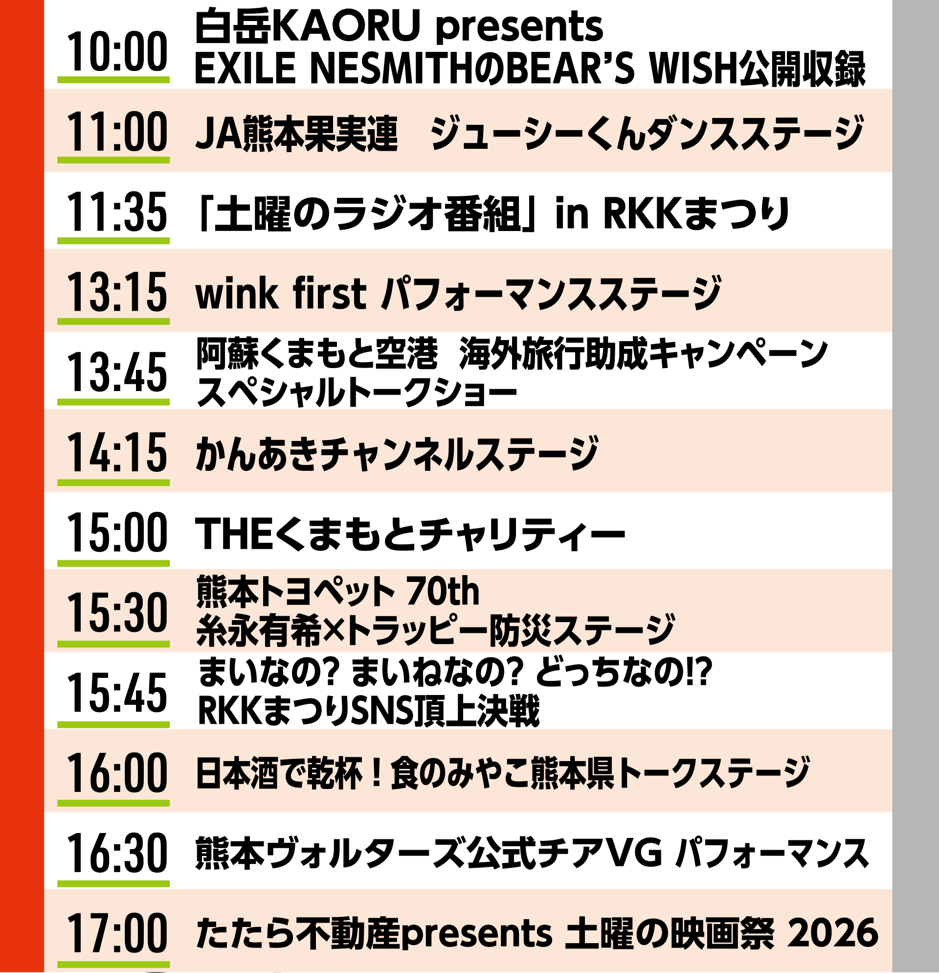 10月25日(日)ステージイベント タイムテーブル:10:00 白岳KAORU presents EXILE NESMITHのBEAR’S WISH公開収録/11:00 JA熊本果実連 ジューシーくんダンスステージ/11:35「土曜のラジオ番組」in RKKまつり/13:15 wink first パフォーマンスステージ/13:45 阿蘇くまもと空港 海外旅行助成キャンペーン スペシャルトークショー/14:15 かんあきチャンネルステージ/15:00 THEくまもとチャリティー/15:30 熊本トヨペット 70th 糸永有希×トラッピー防災ステージ/15:45 まいなの? まいねなの? どっちなの!? RKKまつりSNS頂上決戦/16:00 日本酒で乾杯!食のみやこ熊本県トークステージ/16:30 熊本ヴォルターズ公式チアVG パフォーマンス/17:00 たたら不動産presents 土曜の映画祭 2026